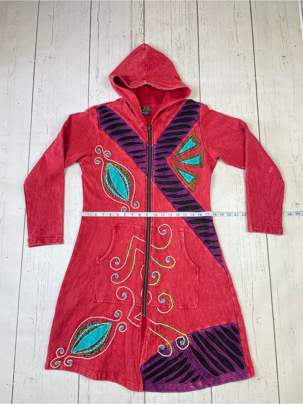 Rising International Patchwork Embroidered Long Zip Up Hoodie *Made in Nepal - Picture 4 of 16